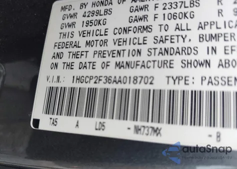 2010 Honda Accord 2.4 Lx z USA, uszkodzony, nr VIN 1HGCP2F36AA018702
